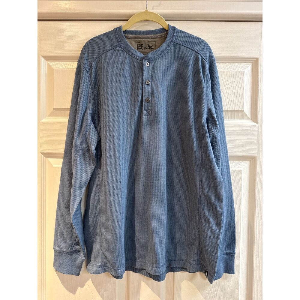 Eddie Bauer Long Sleeve Waffle Knit Henley Button Blue Mens Large NWOT